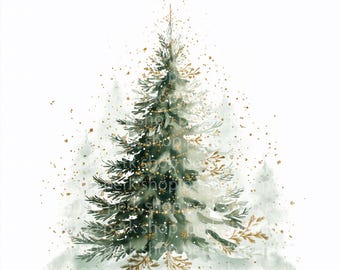 Green Christmas Tree Clipart: Watercolor Holiday Golden Decor (PNG Digital Art)