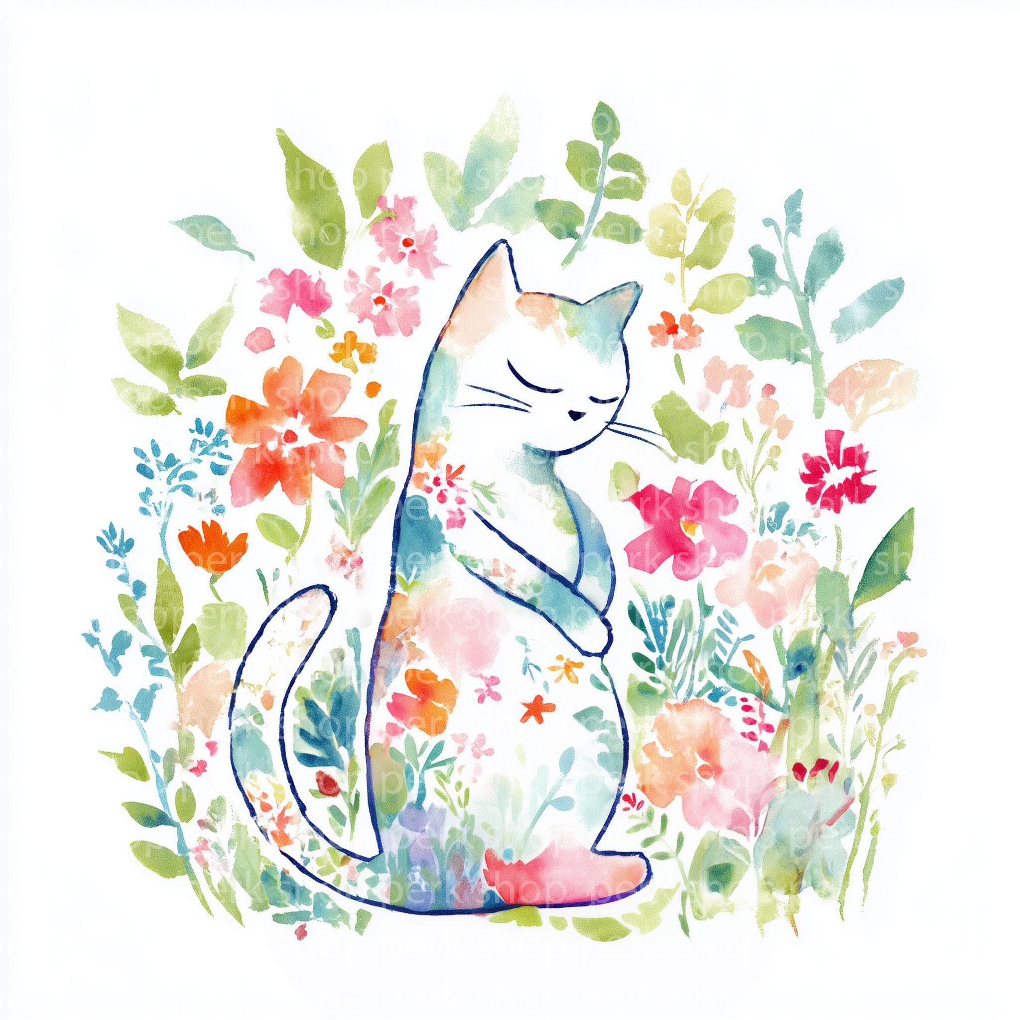 Watercolor Floral Cat Clipart Set, Premade Cute Kitten Graphics, Spring ...