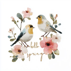 May include: Watercolor illustration of two birds perched among pink flowers and green leaves. The birds have yellow, white, and blue feathers. The words "hello spring" are written in gold script.