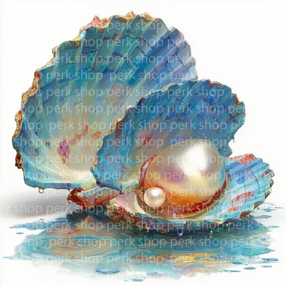 花と鳥　貝殻　絵画　アート　真珠 真珠と貝殻の水彩クリップアート：航海のイラスト（JPG、デジタル