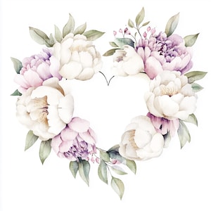 8 imágenes prediseñadas de peonías, imágenes prediseñadas florales, corona de corazón en acuarela, flores de primavera imprimibles para invitaciones de boda, álbumes de recortes digitales jpg/png