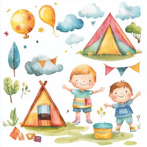 12 Aquarell Sommer Camp Clipart für Kinder | Niedliche Kleinkindjungen, Zelte, Luftballons und Naturelemente | Bundle für Kinderzimmer-Einladungen, Karten
