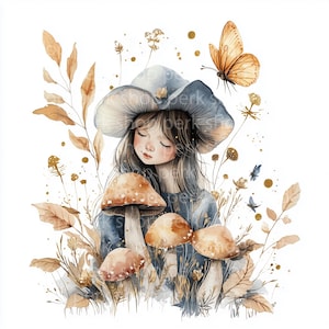 8 clipart fée champignon, fille de la forêt des bois aquarelle imprimable, haute qualité JPG, images de scrapbooking, journal intime, art mural bohème, botanique