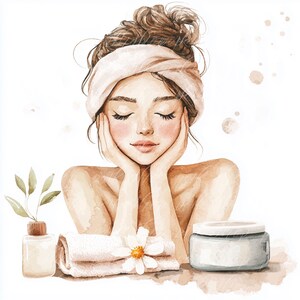 May include: A watercolor illustration of a woman with brown hair wearing a white headband, relaxing with her hands on her face. She is surrounded by spa products, including a white towel, a jar of cream, and a bottle of lotion.