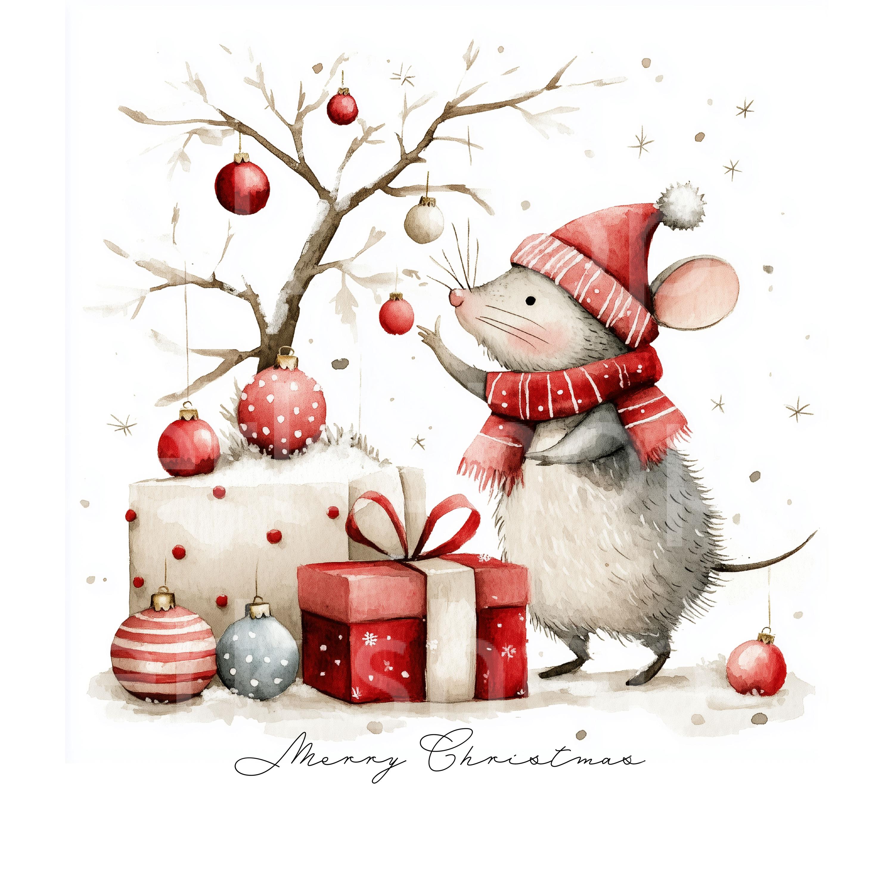 Christmas Tree Mice Watercolor Clipart: Winter Holiday Decor (digital ...