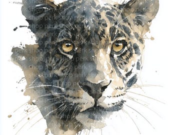 Jaguar Watercolor Portrait, Wild Cat Face Illustration, Elegant Animal Art, Big Cat Wall Art, Wildlife Printable PNG