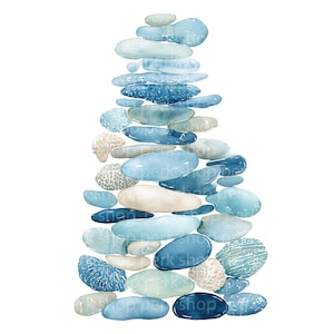 May include: Watercolor illustration of a stack of smooth, oval-shaped stones in varying shades of blue, teal, and off-white. The stones are arranged in a vertical tower against a white background, evoking a sense of balance and tranquility.