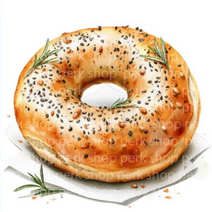 Everything Bagel Clipart: Watercolor Bakery Art (Digital Download, JPGs 4096x4096px)