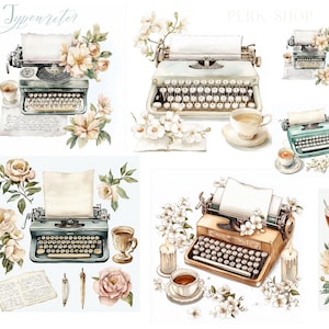 Vintage Floral Typewriter Clipart: Watercolor Art Deco Kit (Digital Download)