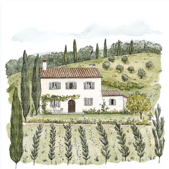 トスカーナの水彩画クリップアート：イタリアの田園風景の