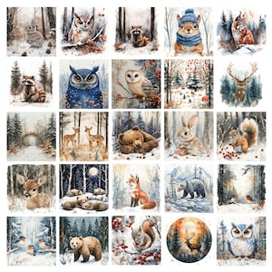 Clipart forêt d'hiver, oeuvre d'art imprimable aquarelle animaux de la forêt, scrapbooking, papier artisanal, téléchargement numérique, lot jpg, tirages 50+