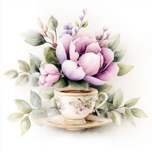 19 Clipart di tè floreale, Clipart di tazza di tè in porcellana acquerello, Fiori primaverili, invito di nozze, carta artigianale, diario, album digitale