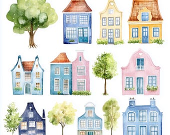 Watercolor Amsterdam Houses Clipart: Dutch Cityscape, Urban Architecture (JPG Files, Commercial License)