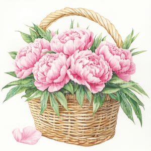 7 Rosa Blumen im Strohkorb Clipart, Rosen und Pfingstrosen, druckbare Aquarell Cliparts, digitaler Download, Papiermodelle, Junk Journals, JPGs