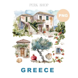 9 paysage de l'île grecque PNG, impression aquarelle voyage Grèce, thème grenade, téléchargement numérique, clipart mer, art mural imprimable pour dortoir