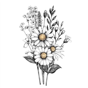 10 imágenes prediseñadas de arte lineal de flores botánicas: paquete de PNG florales dibujados a mano para tatuajes y diseños