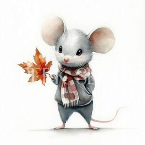 10 Mouse fofo com clipart de folha de outono, animal em aquarela, outono aconchegante, JPGs de alta qualidade, download digital, artesanato em papel, diários de lixo