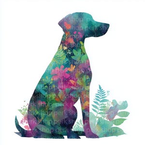 May include: A silhouette of a sitting dog filled with a vibrant, multi-colored floral and botanical pattern. The design features shades of teal, magenta, orange, and green, with various leaf and flower shapes layered throughout the canine form.