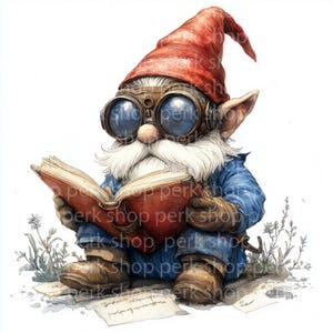 7 Steampunk Gnome lesen Clipart, süße Gnom mit Buch, Fantasy Gnom Kunstdruck | Gartenzwerg Illustration, sofort download