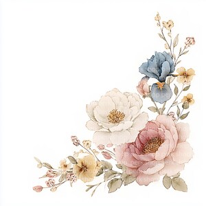 Pode incluir: Arranjo floral em aquarela em canto sobre fundo branco. Apresenta uma grande peônia branca, uma peônia rosa, um íris azul e flores amarelas e rosas menores. O estilo é suave e delicado.