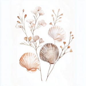 8 cliparts de coquillages, aquarelle imprimable botanique côtière, fichiers JPG de haute qualité, téléchargement numérique, créations en papier, journal de bordel, invitation
