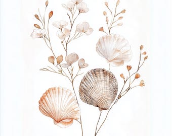 Seashell Botanical Watercolor Clipart, Coastal Art (Digital Download)