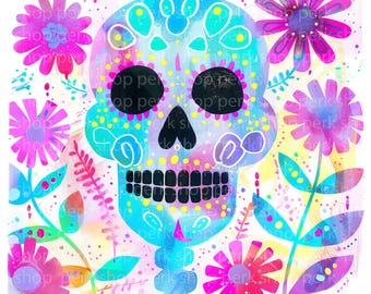 Sugar Skull Watercolor Clipart, Day of the Dead PNG, Colorful Skull Art, Dia de los Muertos Illustration, Floral Skull Sublimation