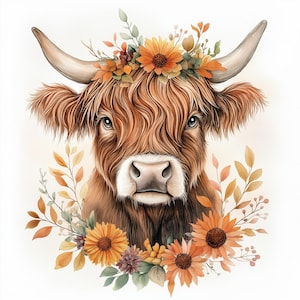 Puede incluir: Una pintura de acuarela de una vaca de las tierras altas con una corona de flores de otoño. La vaca tiene un pelaje marrón y blanco y una expresión dulce. Las flores son una mezcla de naranja, amarillo y rojo.