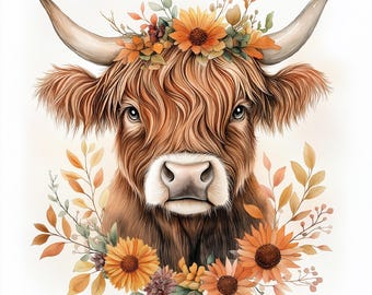 Highland Cow Fall Floral Clipart: Rustic Autumn Designs (Digital Download JPGs 300DPI)