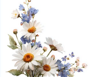 Daisy Wildflowers Corner Clipart : bordures florales aquarelles (téléchargement numérique)