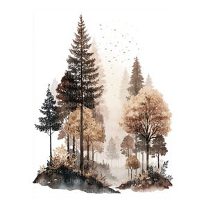 Watercolor Autumn Forest Clipart: Rustic Woodland Landscape JPGs (Digital Download)