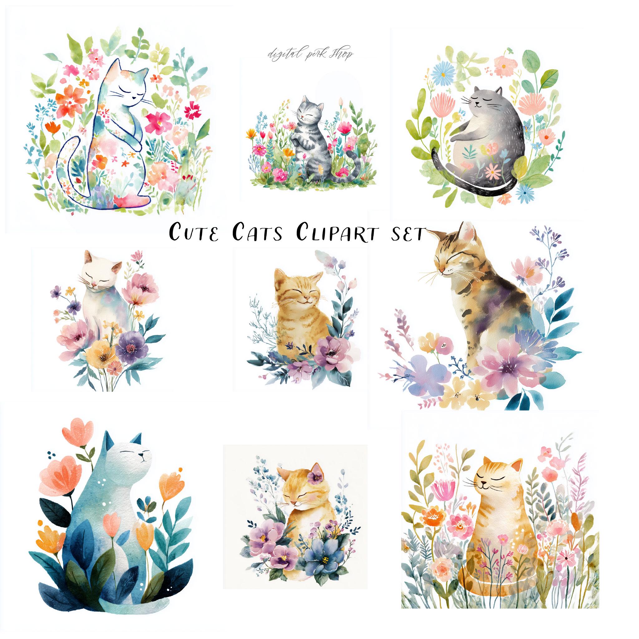 Watercolor Floral Cat Clipart Set, Premade Cute Kitten Graphics, Spring ...