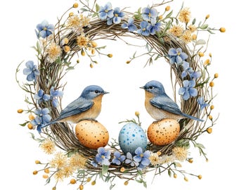 Watercolor Easter Wreath Clipart: Spring Birds & Floral Eggs (PNG Digital Download)