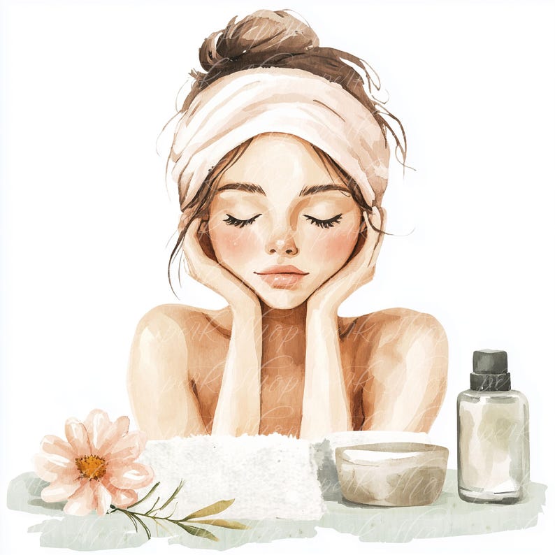 May include: A watercolor illustration of a woman with her eyes closed, resting her head on her hands. She is wearing a white headband and has a towel on her lap. There is a small bowl of cream, a bottle of lotion, and a pink flower on the table in front of her.
