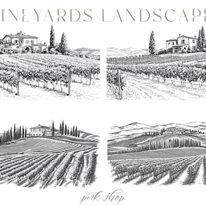 Colección de imágenes PNG de paisajes de viñedos, fincas de viñas de estilo toscano, calcomanías imprimibles con gráficos en blanco y negro, invitación de boda, svg