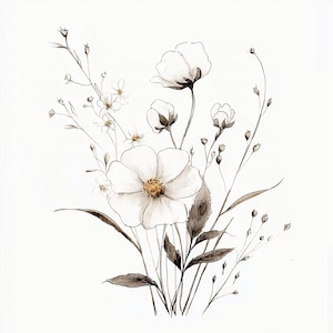 Puede incluir: Una pintura de acuarela de un ramo de flores blancas con tallos y hojas marrones. Las flores son delicadas y tienen un toque suave y romántico.
