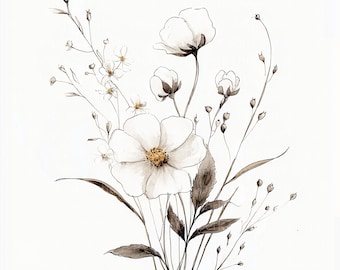 Delicate Wildflower Clipart: Hand-Drawn Floral Line Art (Digital Download)