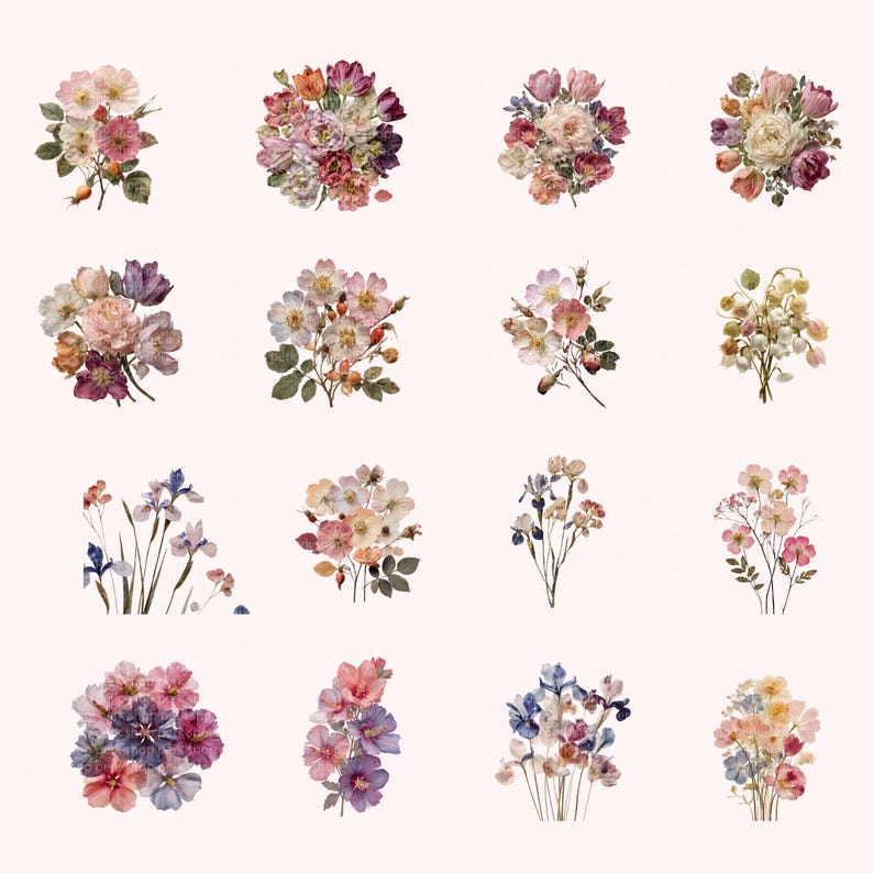 May include: A collection of sixteen distinct floral arrangements featuring various blossoms in shades of pink, purple, yellow, and white. Each cluster displays unique petal shapes, green foliage, and stems, organized in a grid on a light background.