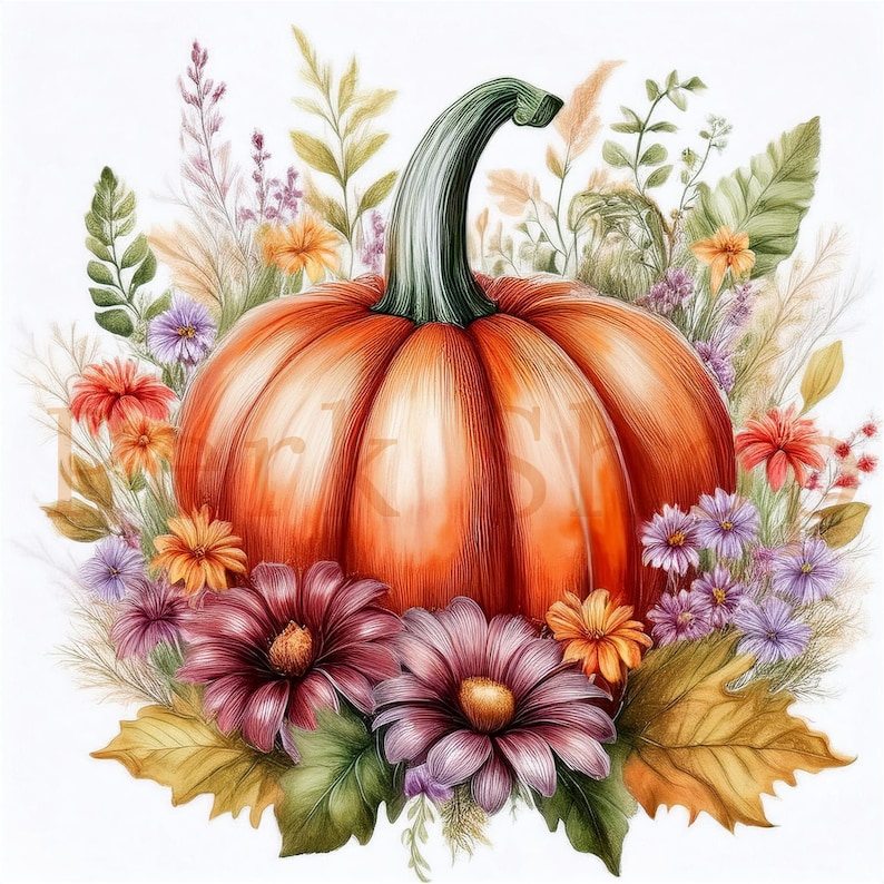 Pumpkin Floral Watercolor Clipart: Boho Fall Design (digital Download ...