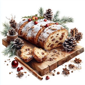 Puede incluir: Ilustración en acuarela de un stollen en rodajas sobre una tabla de madera, decorado con piñas, acebo y especias. El pastel está espolvoreado con azúcar glas y salpicado de pasas y nueces, evocando un tema festivo navideño.