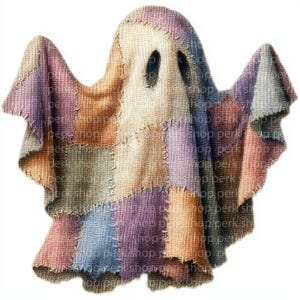 May include: A whimsical ghost figure crafted from patchwork fabric in various pastel colors. The ghost has two oval eye holes and outstretched arms, with visible stitching details. The overall design evokes a vintage, handcrafted aesthetic.