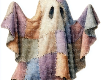 Könnte beinhalten: Ein skurriles Gespenst aus Patchwork-Stoff in Pastellfarben. Das Gespenst hat zwei ovale Augenlöcher und ausgestreckte Arme, mit sichtbaren Nahtdetails. Das Design wirkt vintage und handgefertigt.