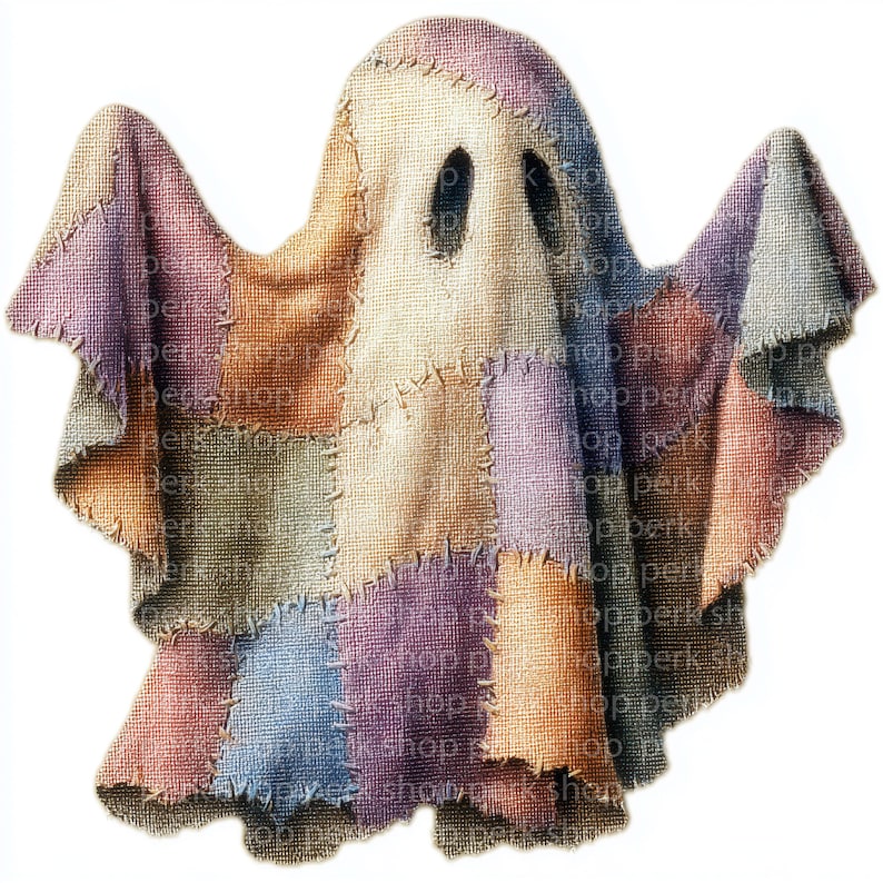 Patchwork Ghost Clipart, Halloween Ghost Illustration, Watercolor Quilt ...