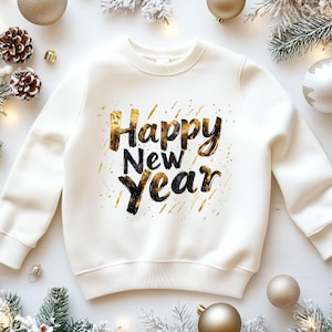 May include: White sweatshirt with a gold glitter design that says "Happy New Year".