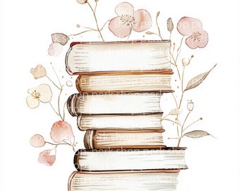 Watercolor Books & Flowers Clipart: Vintage Book Stack Illustration (JPG Digital Download)