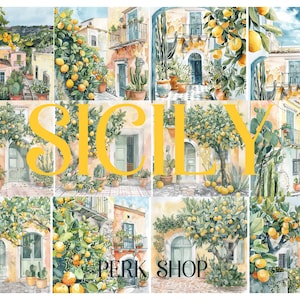 12 Sicile Clipart aquarelle papier téléchargement numérique imprimable, citronnier méditerranéen de l'île italienne, figue indienne, clipart décoration maison