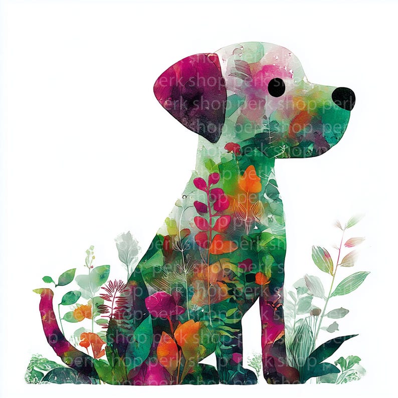 May include: A sitting dog illustration filled with a vibrant watercolor pattern of green leaves, orange flowers, and magenta accents. The dog has a solid black circular eye and a black nose, surrounded by botanical elements at the base.