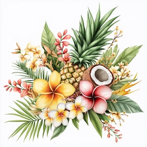 May include: A watercolor illustration of a tropical bouquet featuring a pineapple, coconut, and various flowers, including yellow plumeria, pink hibiscus, and white frangipani. The bouquet is surrounded by lush green leaves.