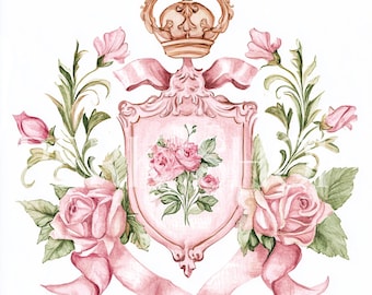 9 Preppy Rose Pink Crest Watercolor Clipart, Digital Download, Wedding or Birthday Printable art, paper crafts, birthday card, junk journal