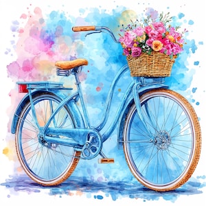 8 Blumen Fahrrad Clipart, Fahrrad mit Korb Blumen Aquarell, bedruckbares Kraftpapier, Aufkleber, Scrapbooking, Wohnkultur, digitaler Download